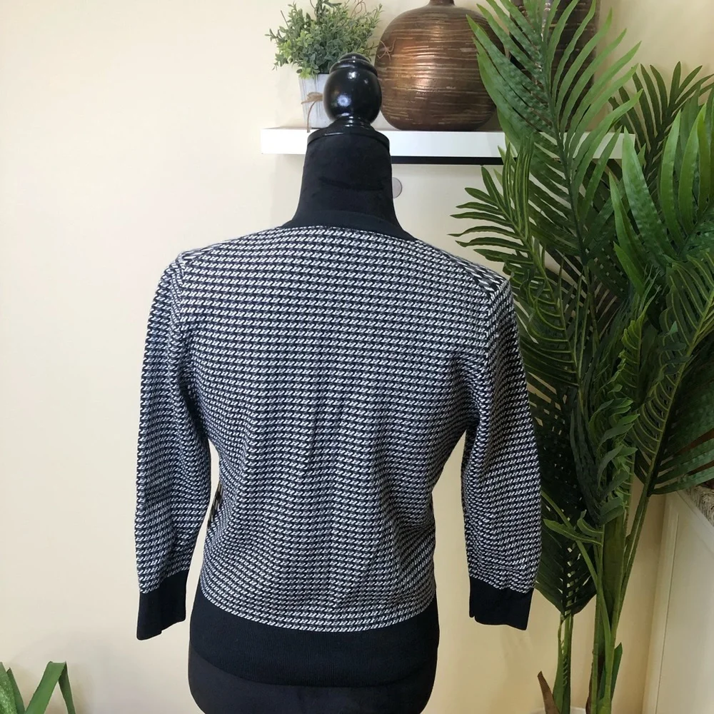 Ann Taylor Merino Wool Blend Grey White Black Button 3/4 Sleeve Cardigan Sweater